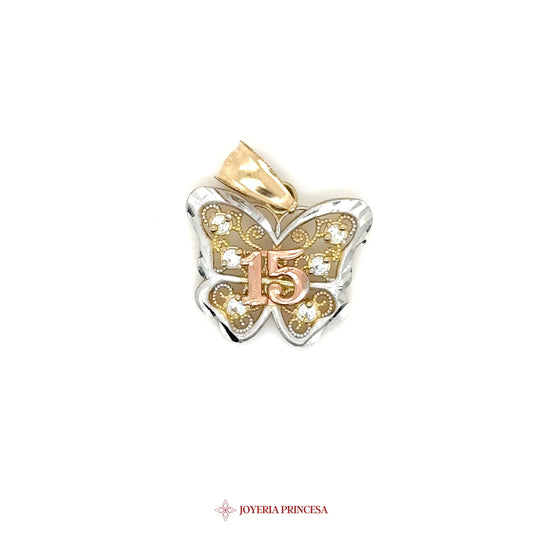 10K Butterfly Pendant with 15 Motif and Simulated Stones