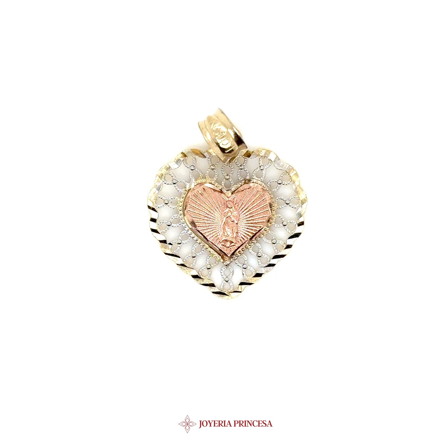 10K Pendant Virgen de Guadalupe Heart Motif with Filigree Design