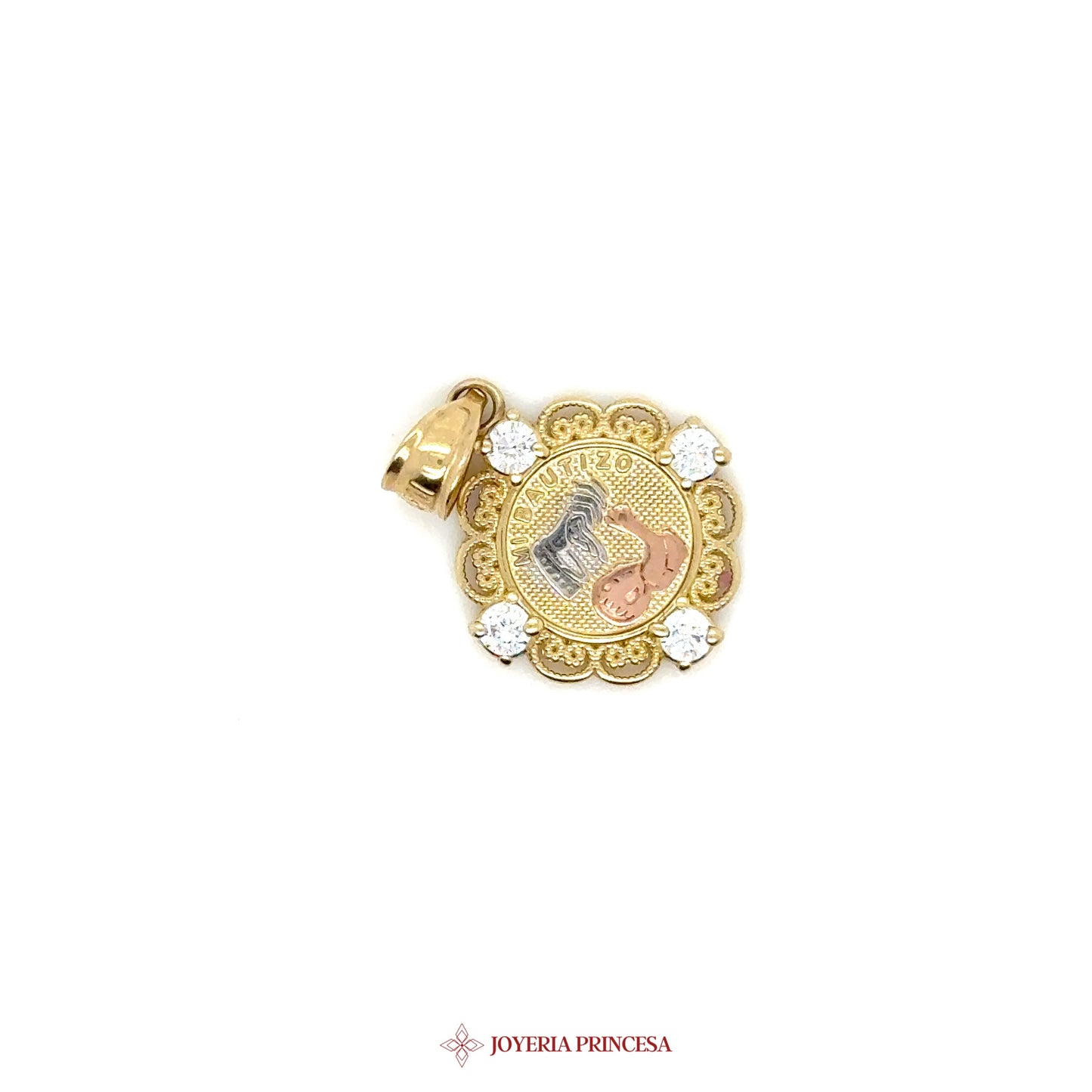 10K Pendant Bautizo with Religious Motif and CZ Stones