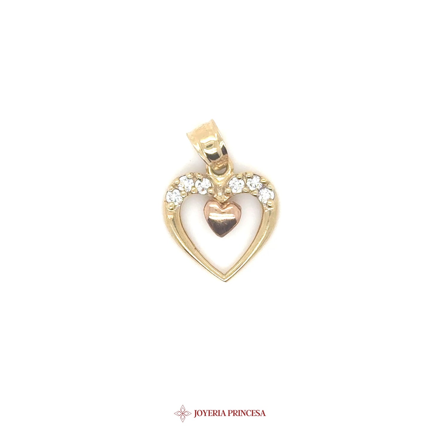 10K Heart Pendant with CZ Stones and Inner Heart Motif