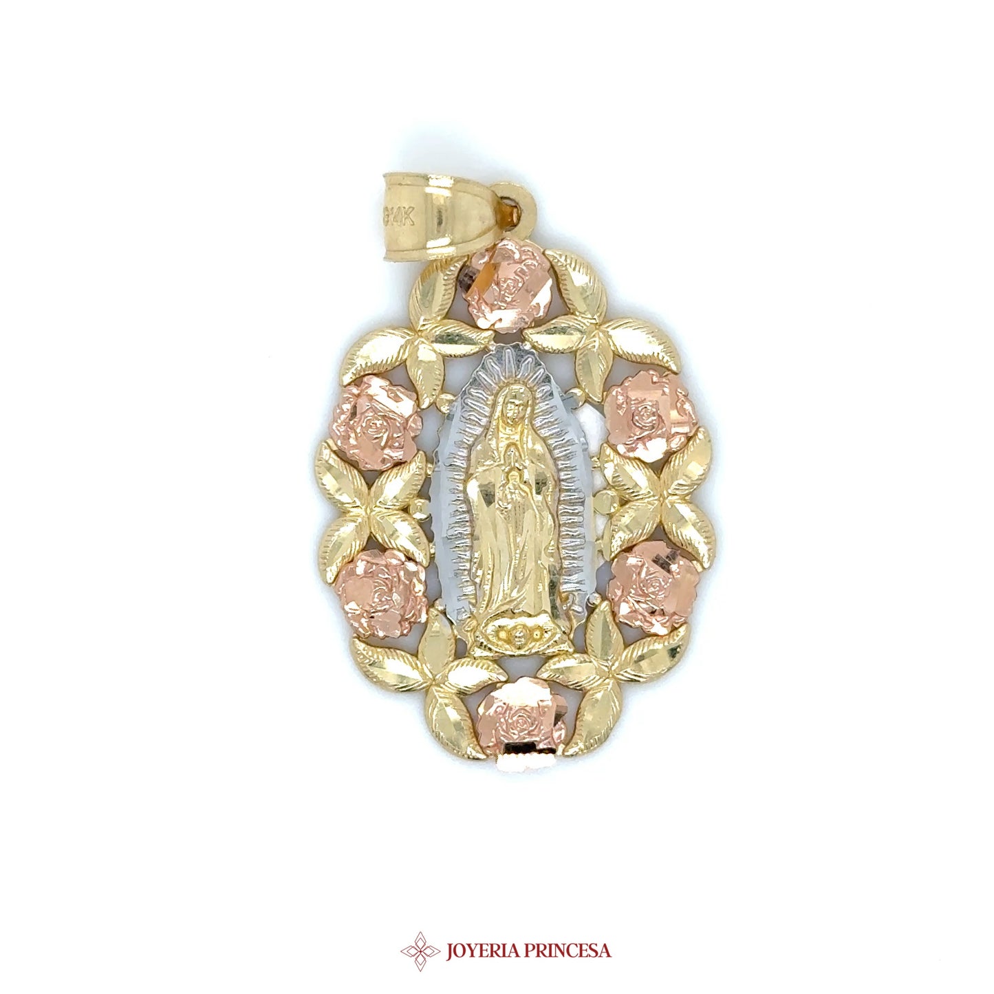 14K Virgen de Guadalupe Pendant with Floral Motif