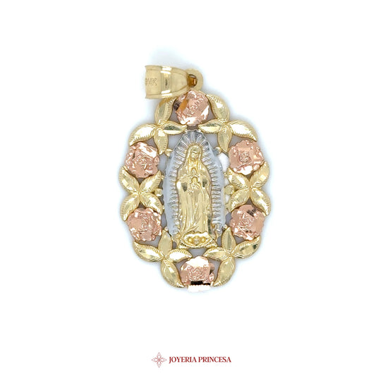 14K Virgen de Guadalupe Pendant with Floral Motif