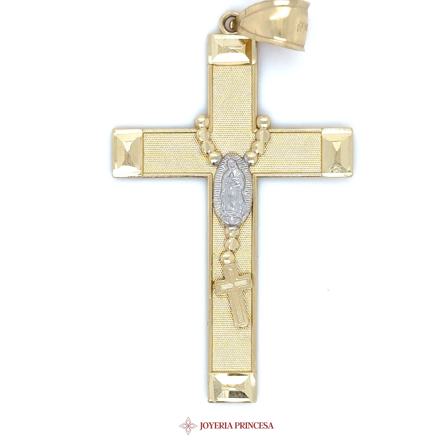 14K Gold Virgen de Guadalupe Cross Pendant with Beads