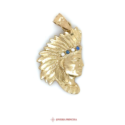 14K Gold Chief Pendant with Blue & Clear Stones