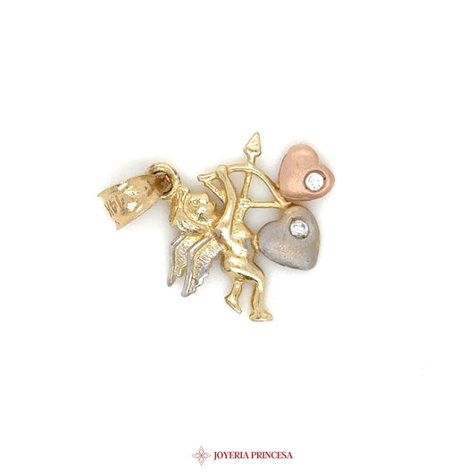 14K Cupid Pendant with Heart Motifs and Simulated Stones