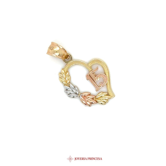 14K Heart Pendant with 15 and Leaf Motif in Tri-Color Gold