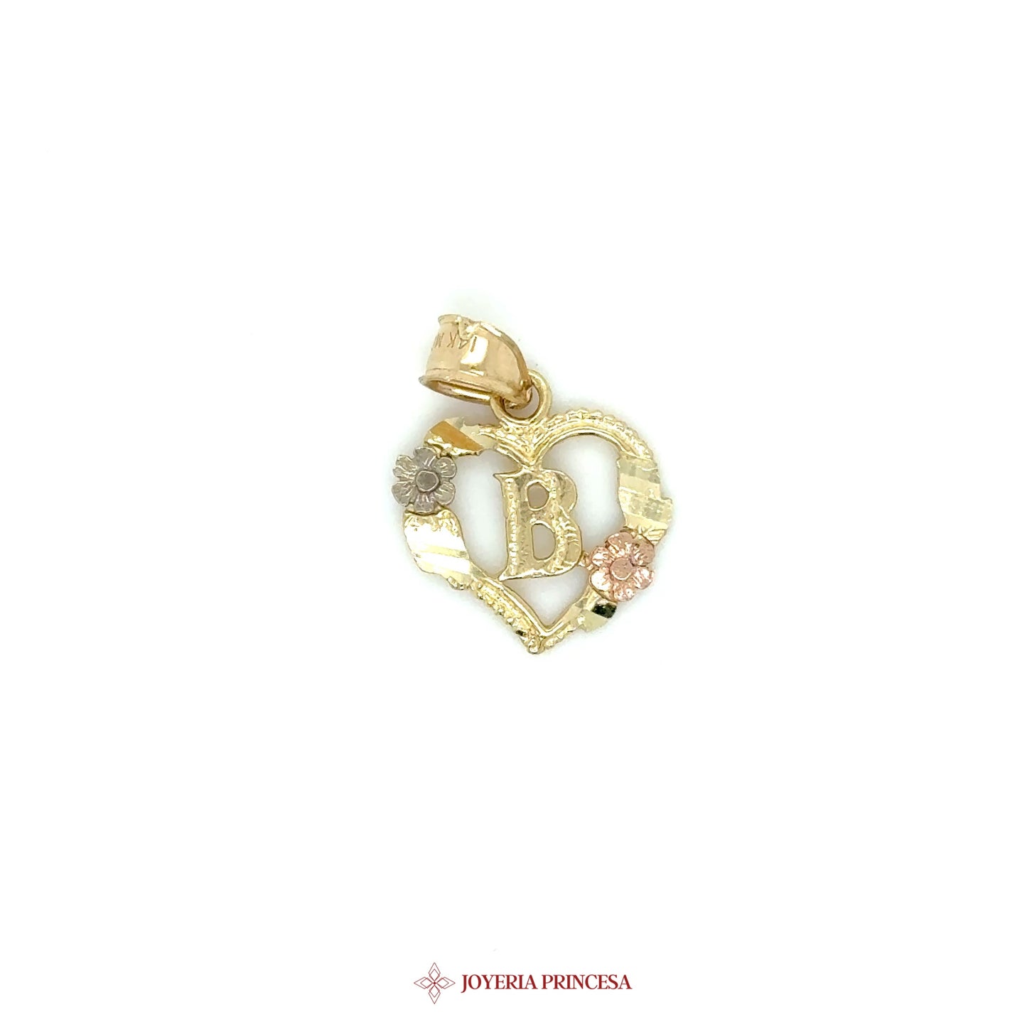 14K Heart Pendant with Floral Motif and Initial 'B'