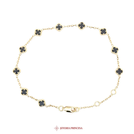 14K Gold Bracelet with Black Enamel Clover Motif