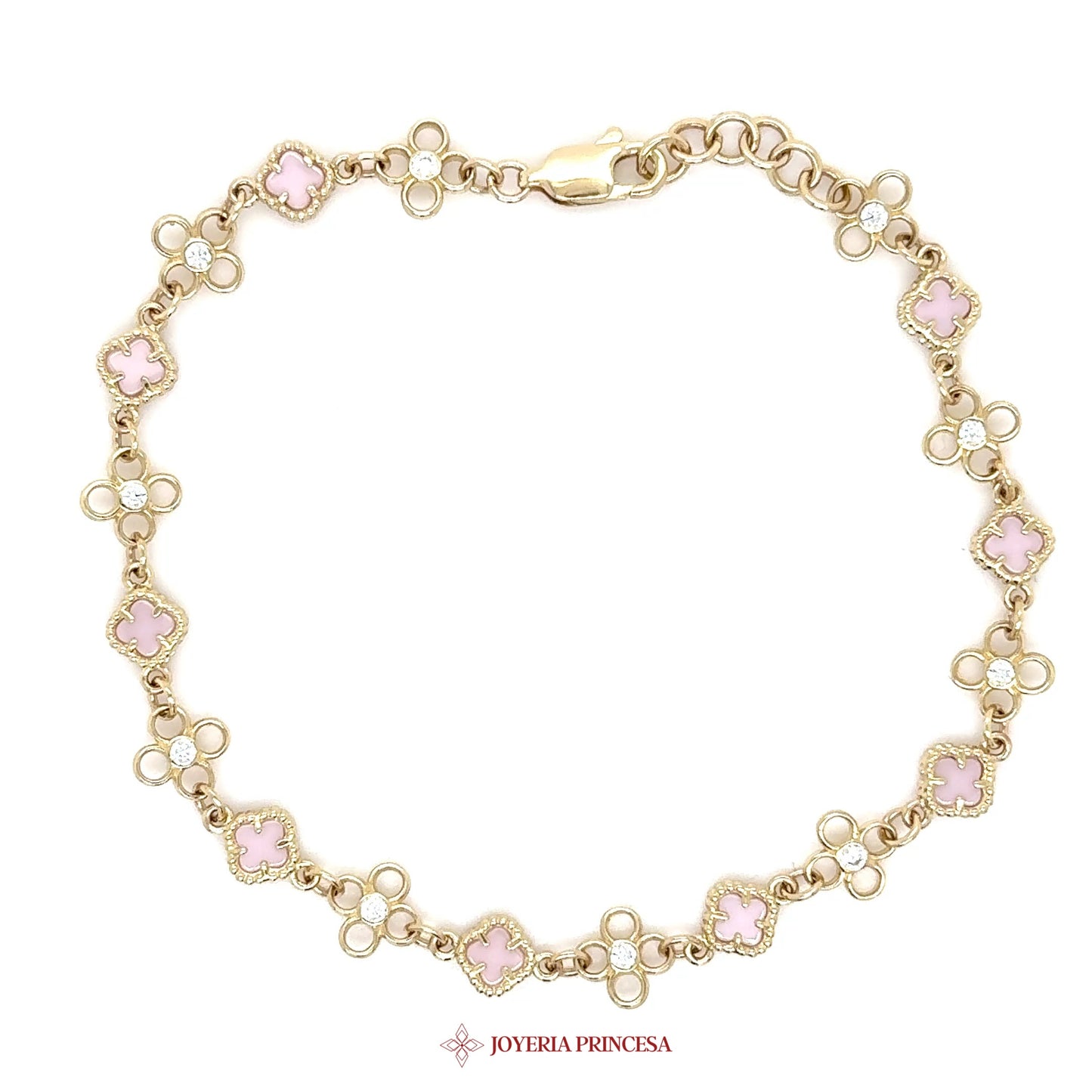 14K Pink Flower Motif Bracelet with Simulated Stones