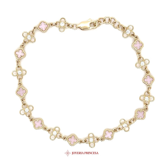 14K Pink Flower Motif Bracelet with Simulated Stones