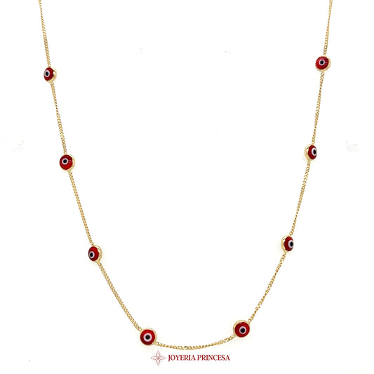 14K Gold Evil Eye Necklace with Red and Black Motifs