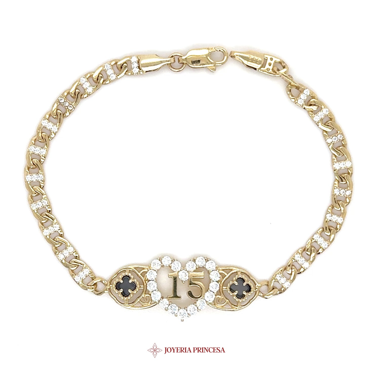 14K Quinceañera Heart Bracelet with CZ and Black Enamel