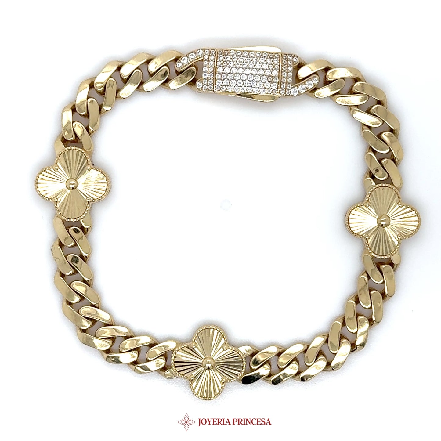 14K Gold Bracelet with Floral Motif and Sparkling Center
