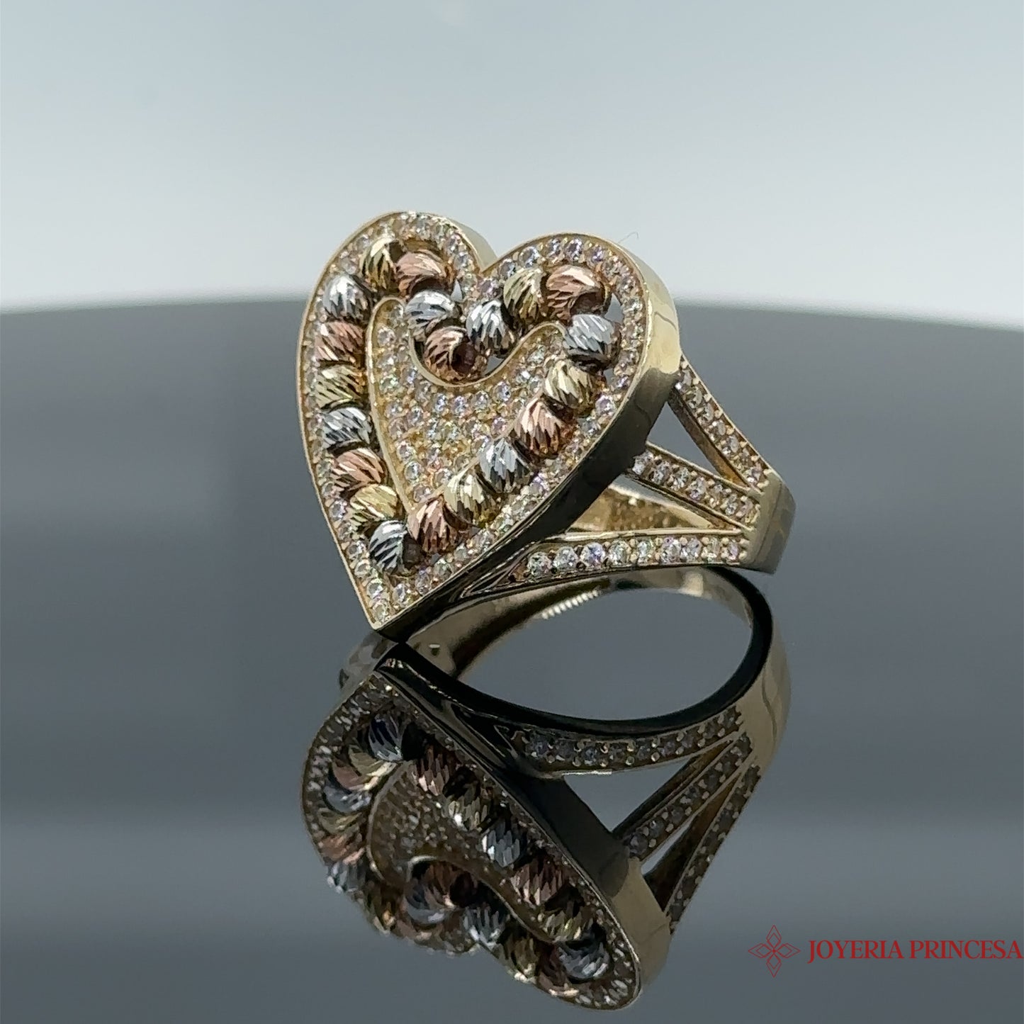 14K Tri Color Heart Ring