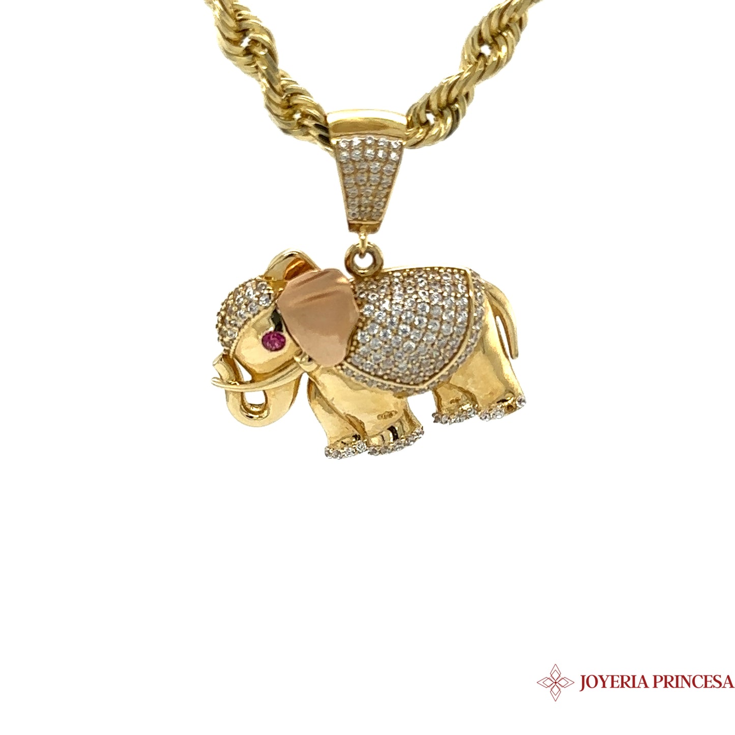 14K Gold Elephant Pendant w/ Pink Eyes