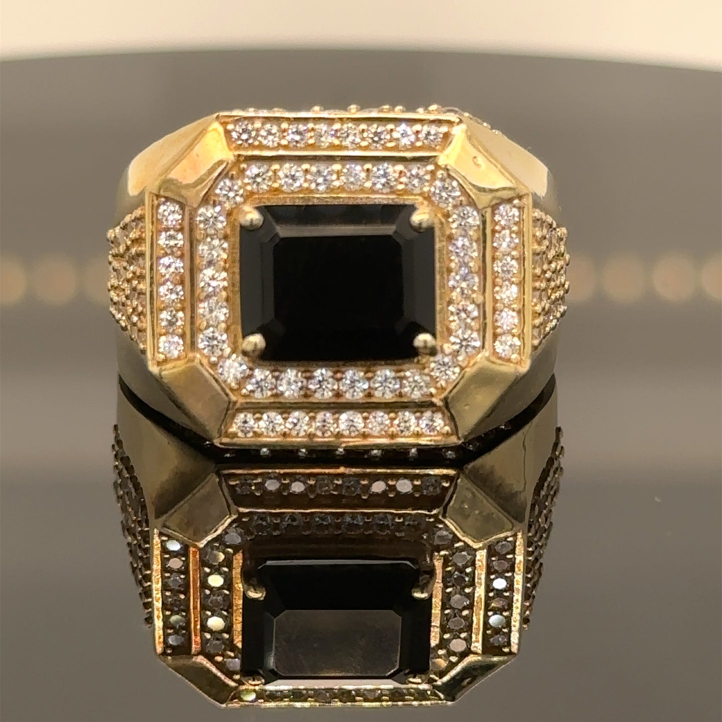 Men’s 14K Gold Ring with Rectangular Onyx and Octagon of Zirconias