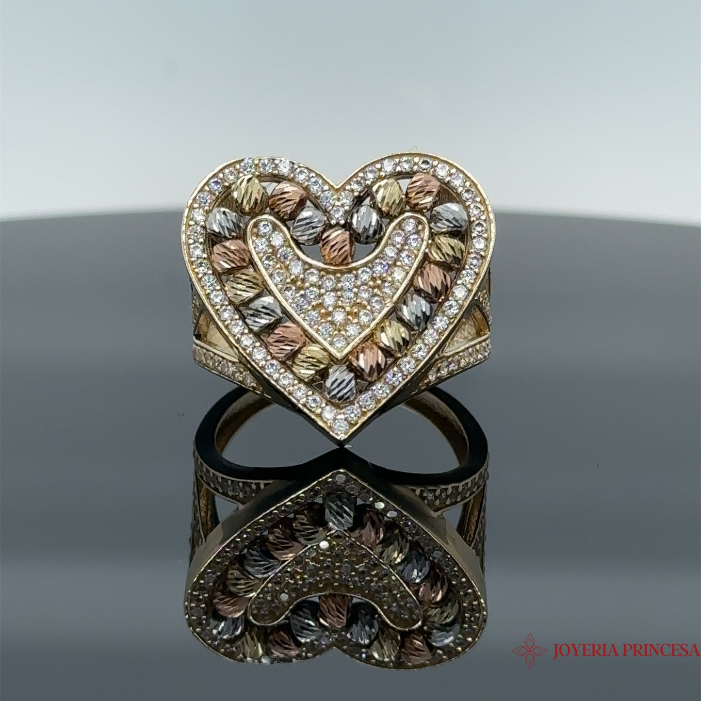 14K Tri Color Heart Ring