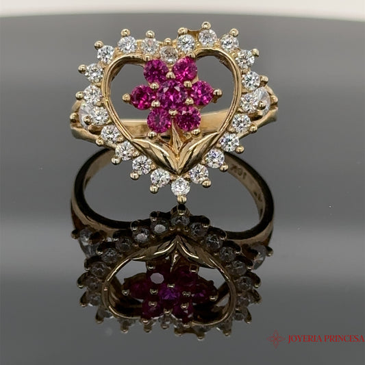 10K Pink Flower-Heart Gold Ring