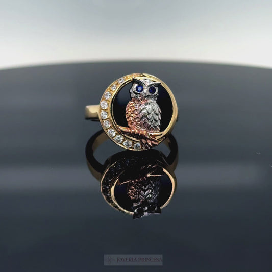 14K Owl and Moon Ring