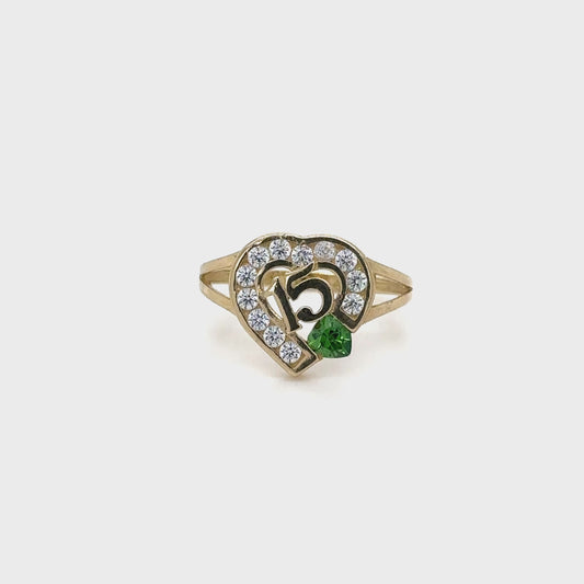 10K Gold Quinceañera Heart Ring with Green Gem