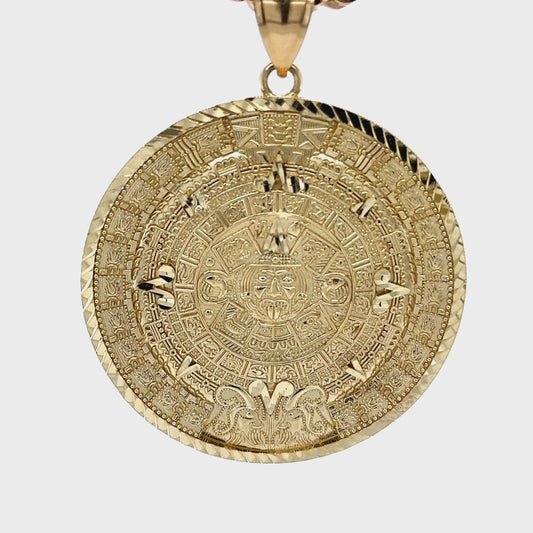 14K Gold Diamond-Cut Aztec Calendar Medallion Pendant