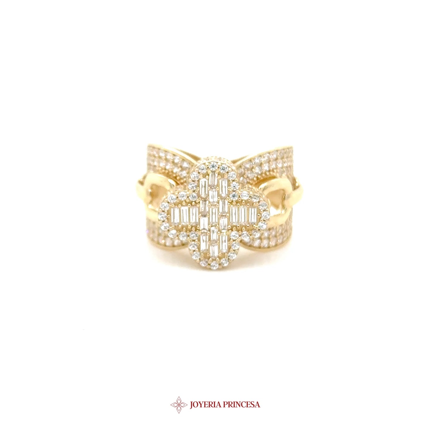14K Gold Floral Motif Ring with Simulated Diamonds [UN-3274]
