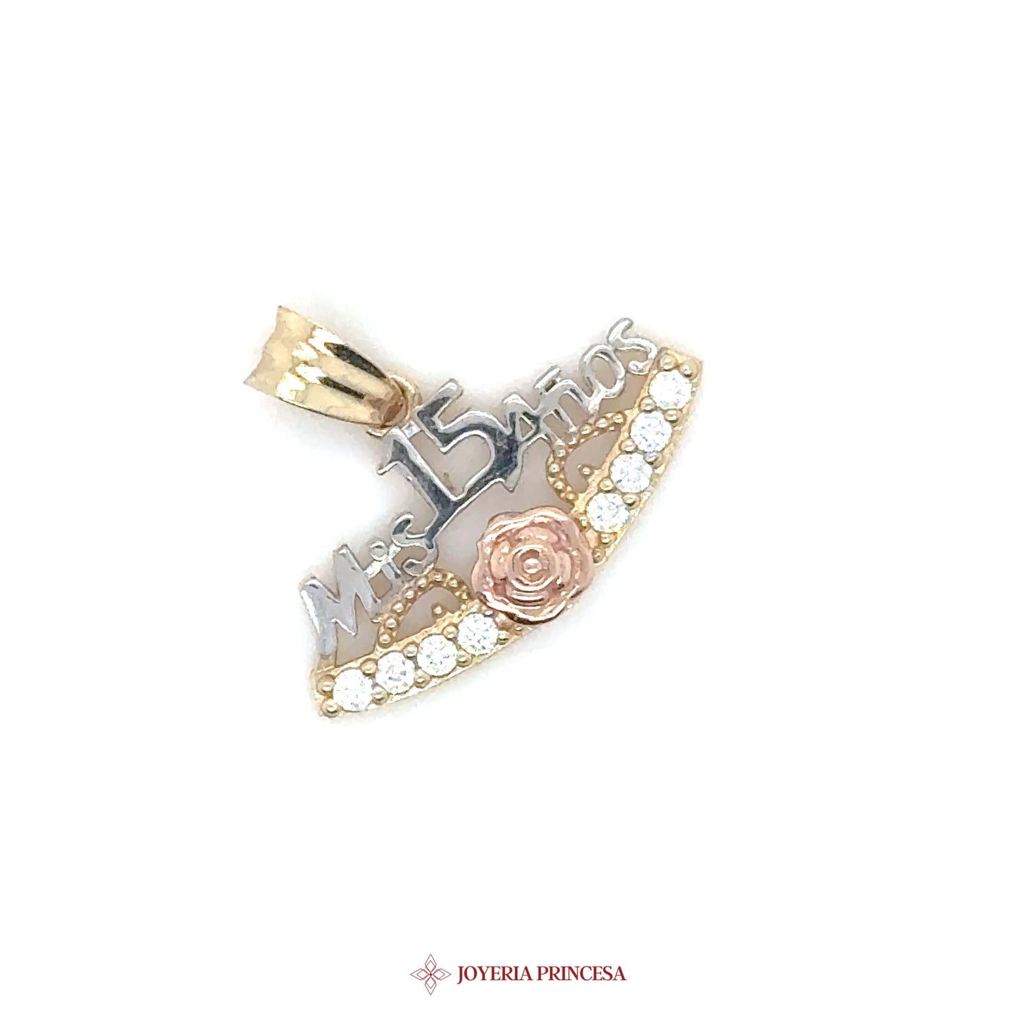 14K Pendant Quinceañera 'Mis 15 Años' with Rose and Stones