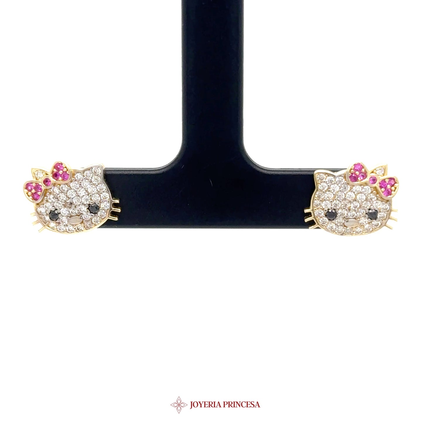 14K Hello Kitty Stud Earrings with Pink Bow and CZ Stones