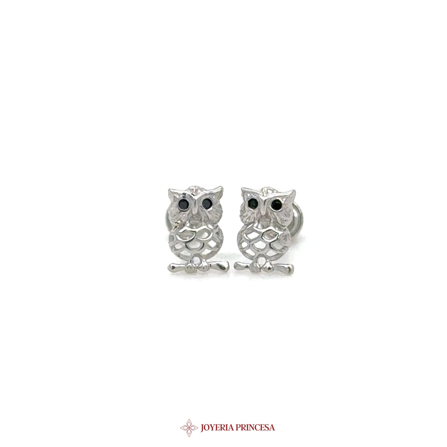 14K Owl Stud Earrings with Black Simulated Stones