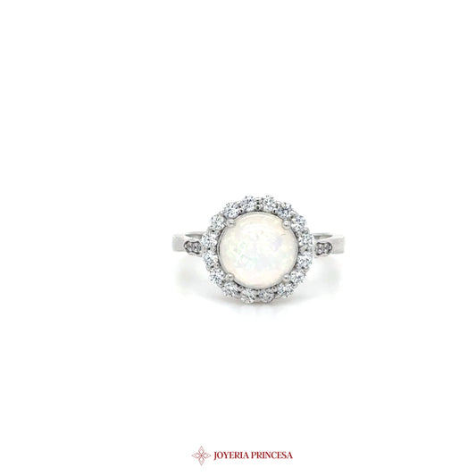 Silver Ring with Round Opal Center and CZ Halo