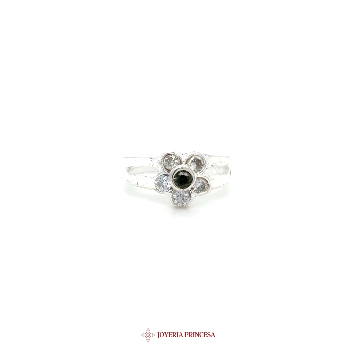 Kids Silver Floral Motif Ring with Black and Clear Stones