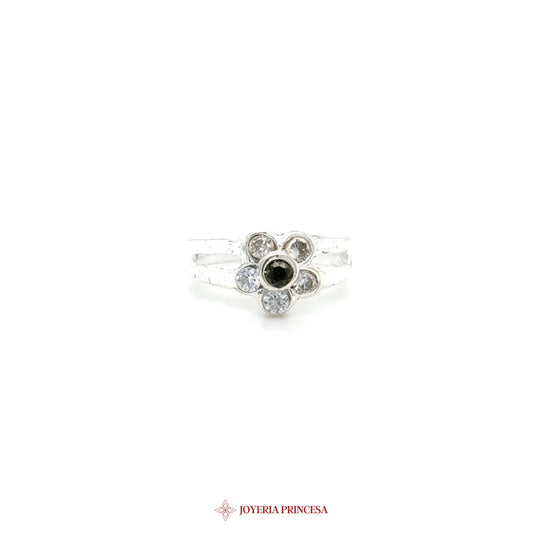 Kids Silver Floral Motif Ring with Black and Clear Stones