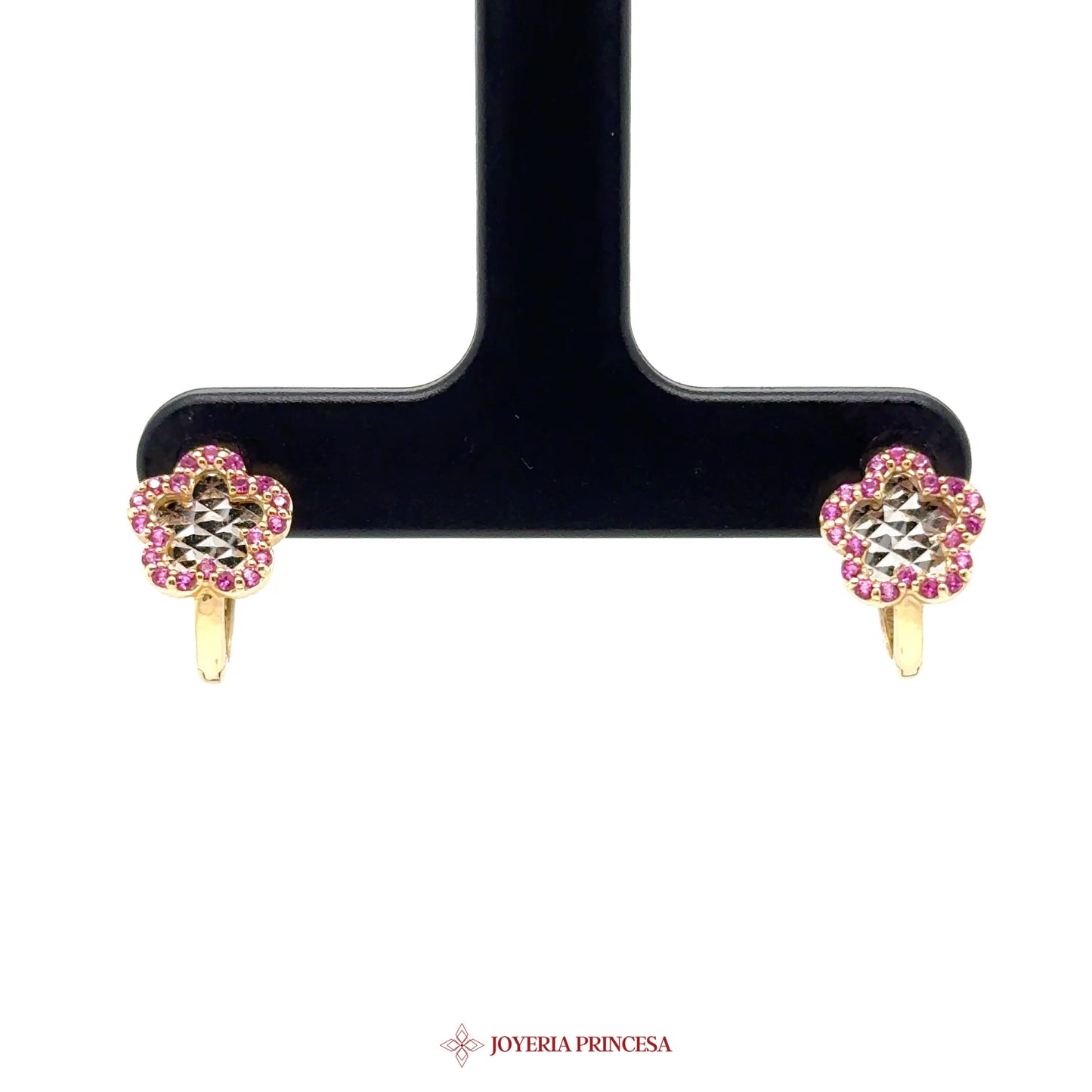 14K Gold Flower Stud Earrings with Pink Stones