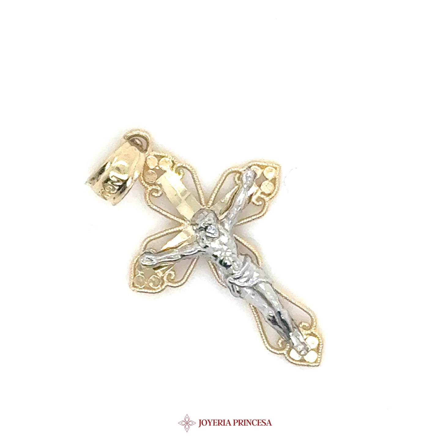 14K Two-Tone Crucifix Pendant with Detailed Design