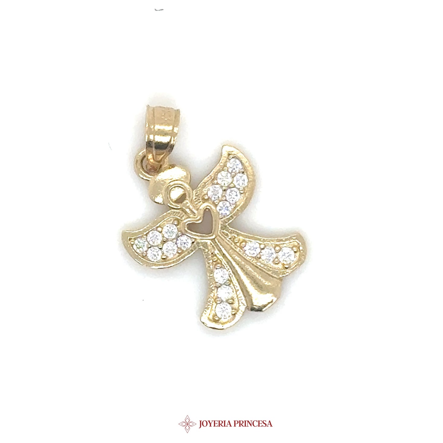14K Angel Pendant with Heart and Simulated Diamonds