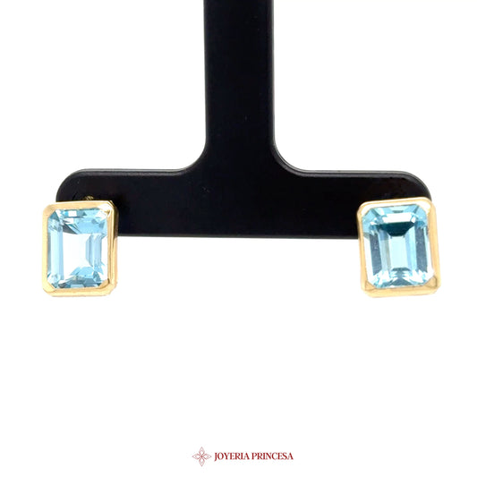 14K Gold Emerald Cut Blue Topaz Stud Earrings