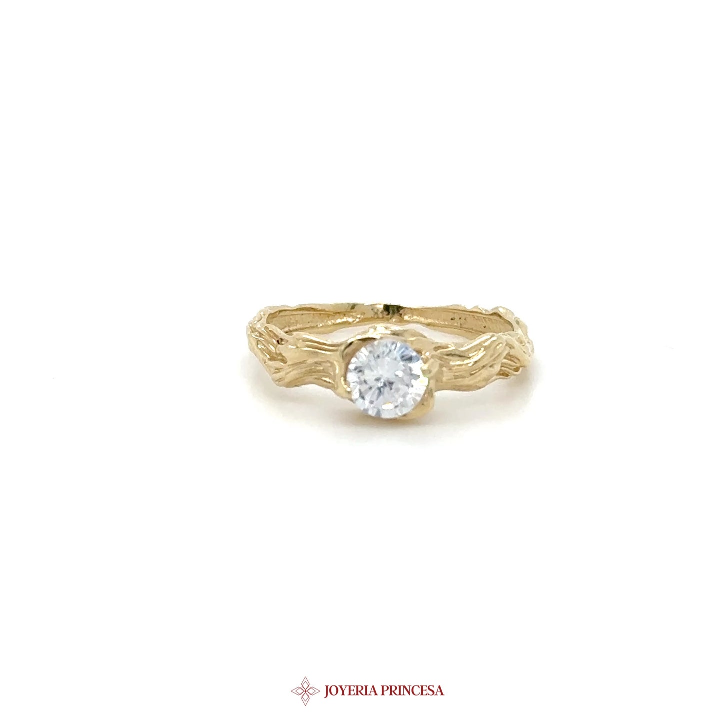 14K Textured Ring with Round CZ Center Stone