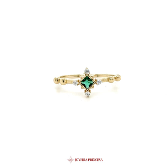 14K Gold Star Motif Ring with Emerald and CZ Stones