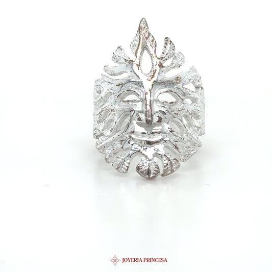 Silver Ring with Leaf Motif and Face Design