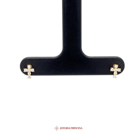 14K Yellow Gold Cross Stud Earrings with CZ Stones