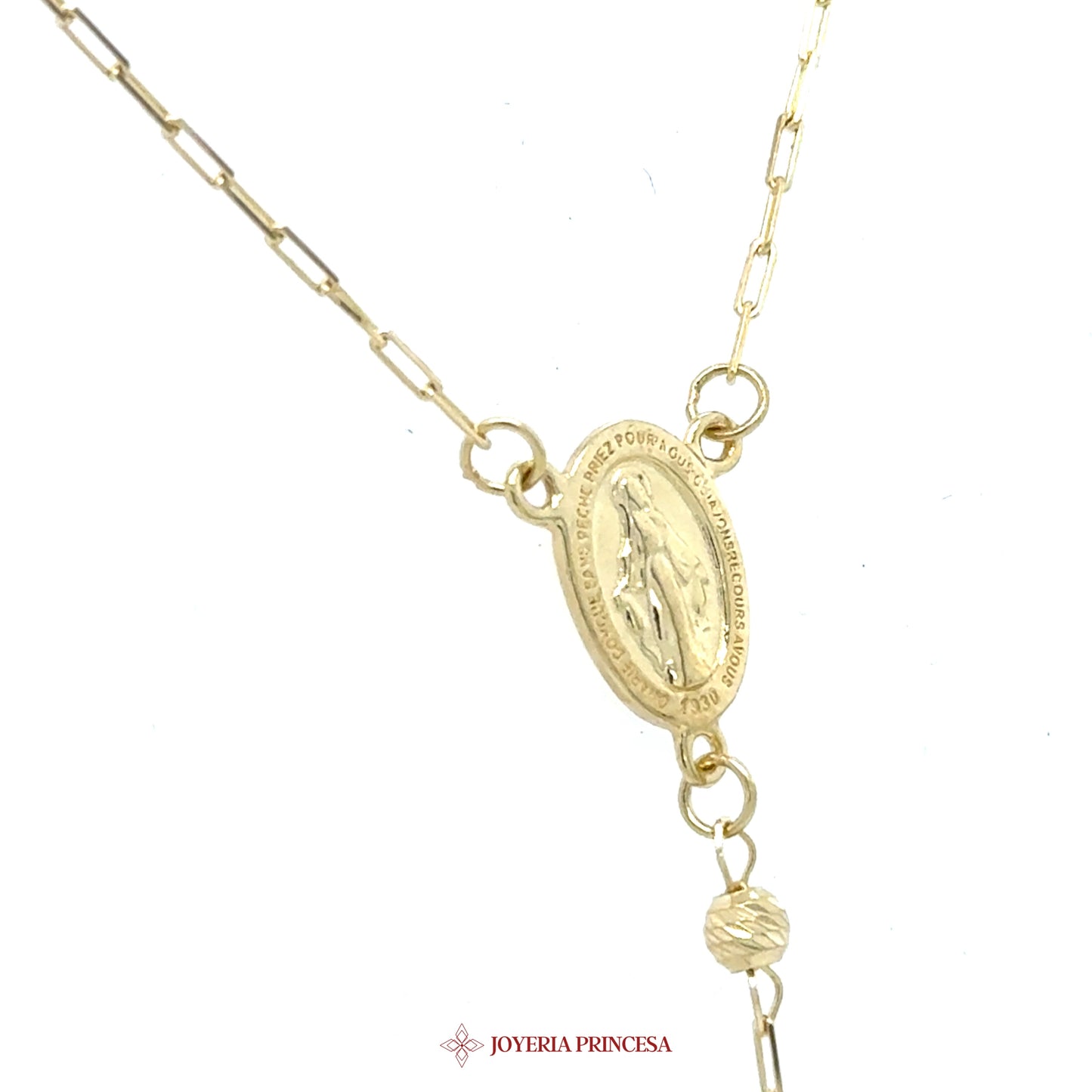 14K 22in 3mm Gold Virgen de Guadalupe Rosary Necklace