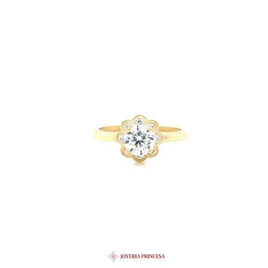 14K Floral Motif Ring with Clear Stone