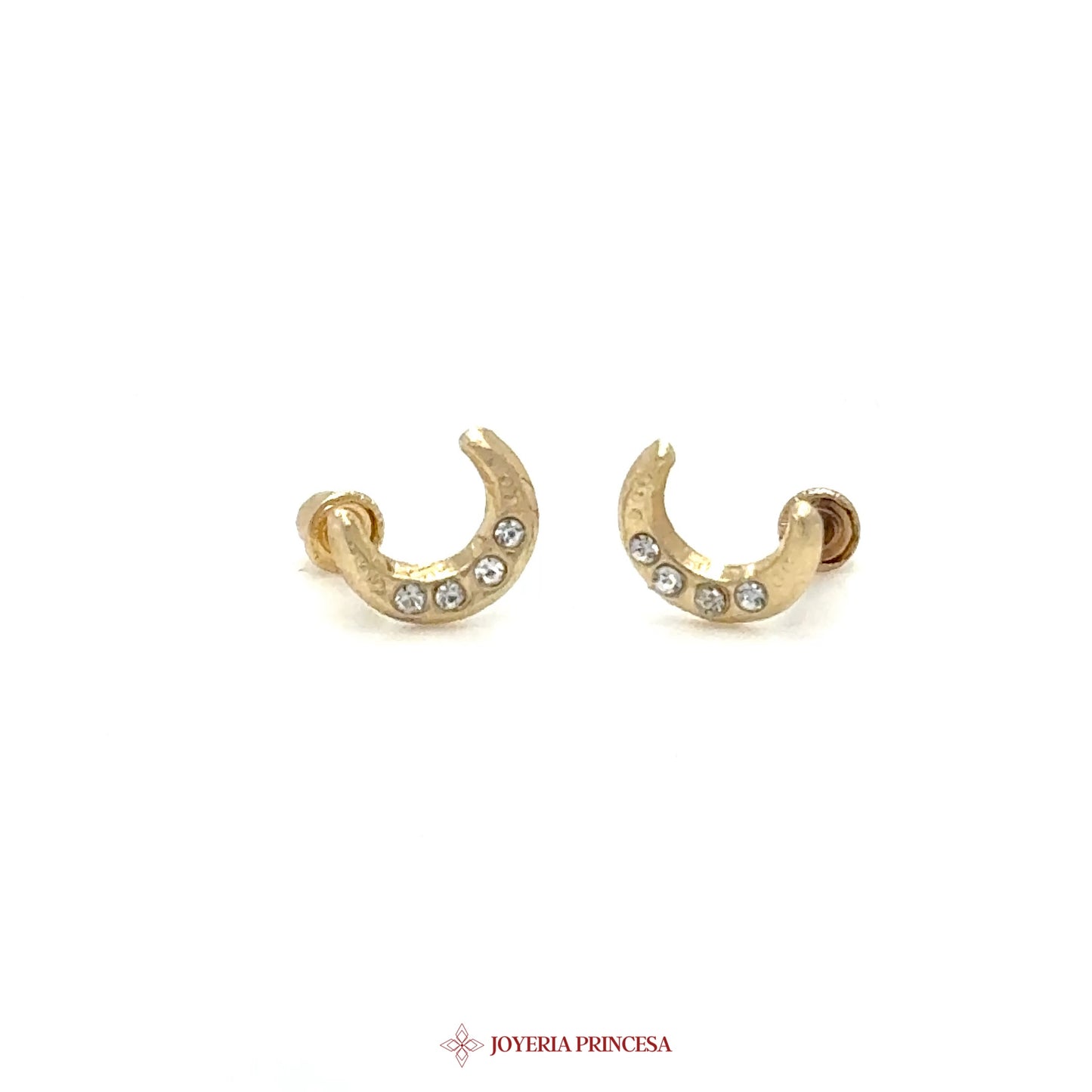 14K Gold Crescent Moon Huggie Earrings with CZ Stones