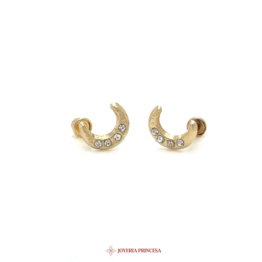14K Gold Crescent Moon Huggie Earrings with CZ Stones