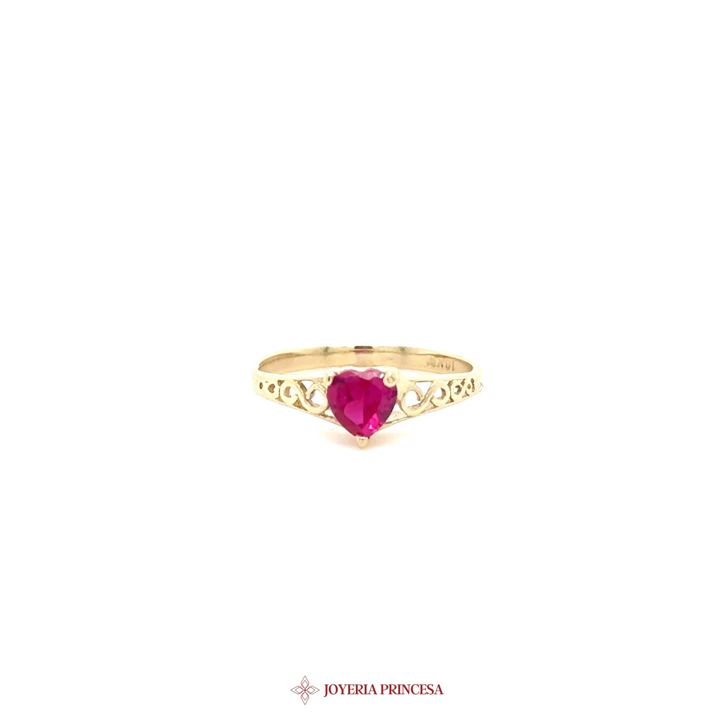 10K Heart-Shaped Ruby Ring with Elegant Filigree Design