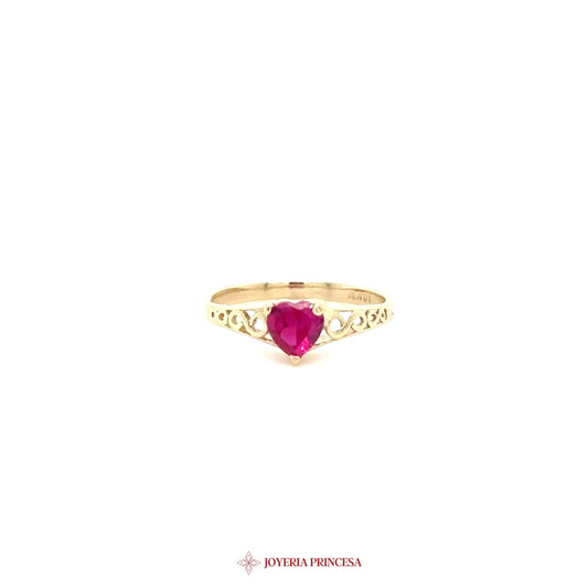 10K Heart-Shaped Ruby Ring with Elegant Filigree Design