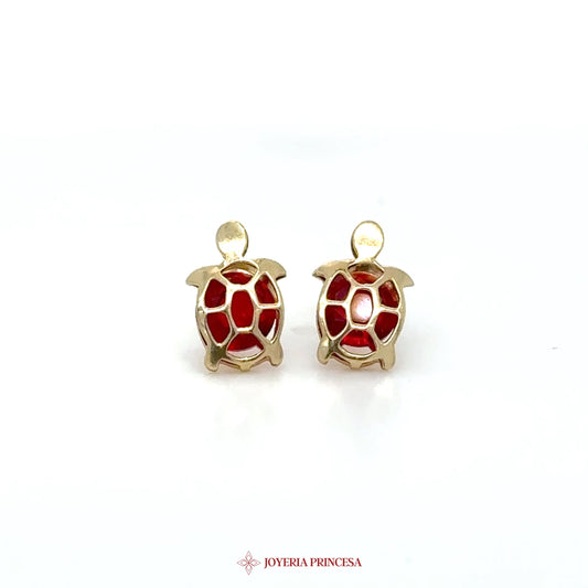 14K Gold Turtle Stud Earrings with Red Enamel