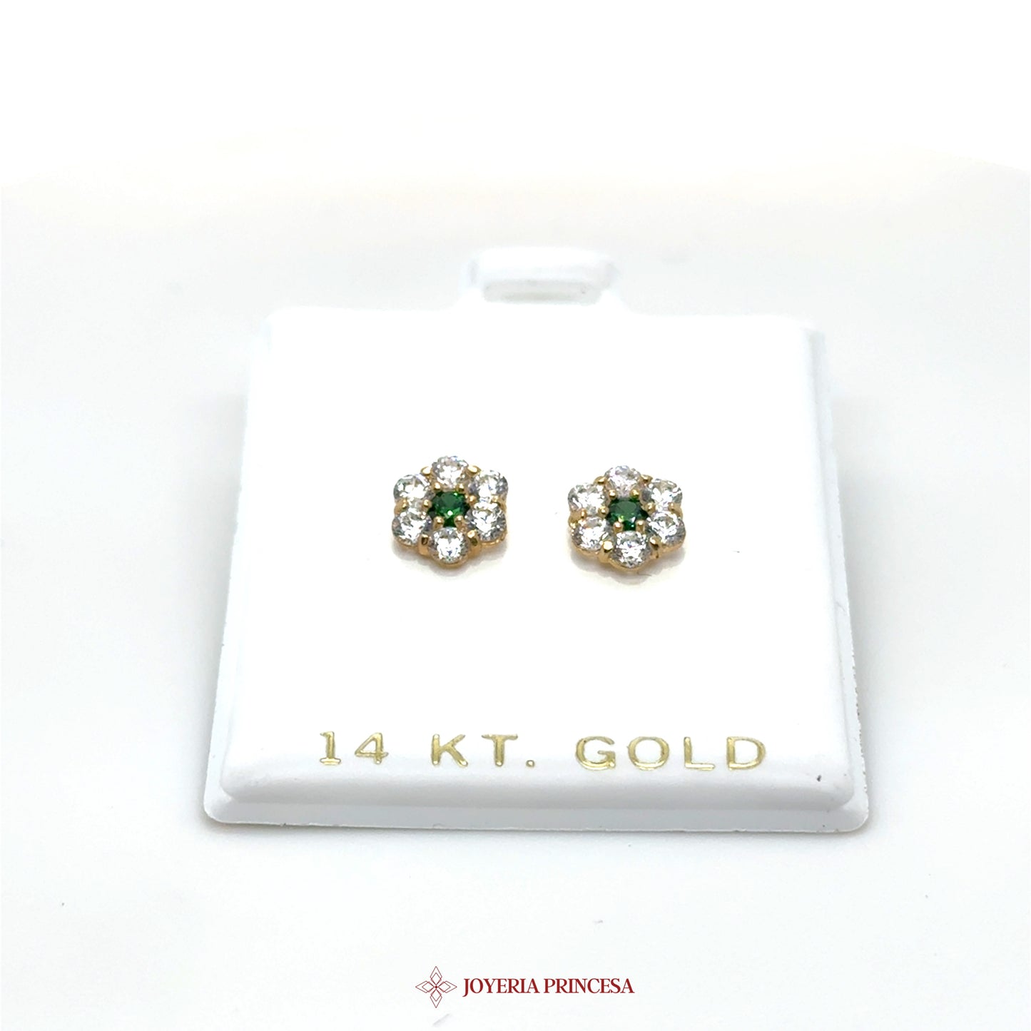 14K Gold Floral Stud Earrings with Green and Clear Stones