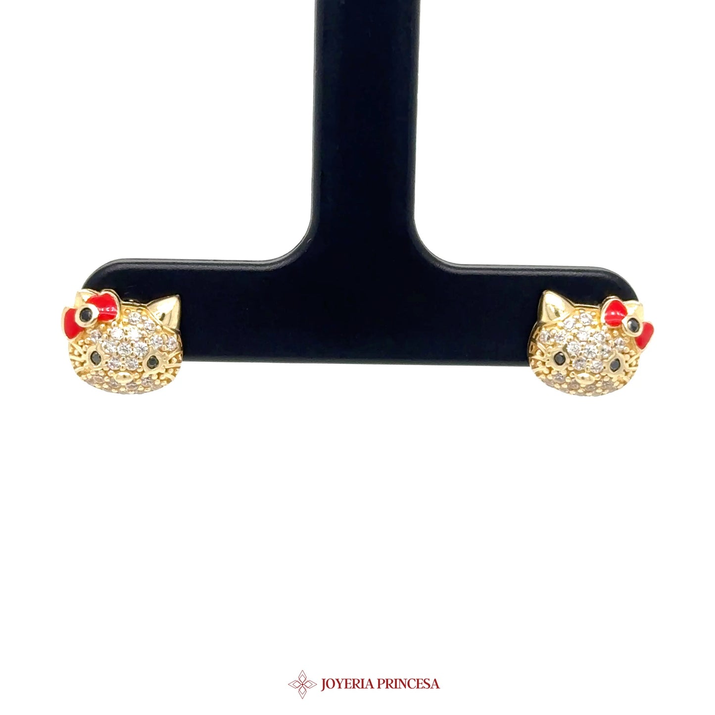 14K Gold Hello Kitty Stud Earrings with Red Bow and CZ Stones