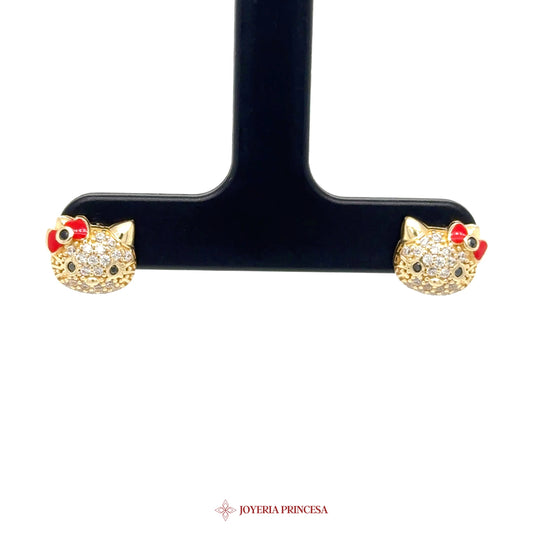14K Gold Hello Kitty Stud Earrings with Red Bow and CZ Stones